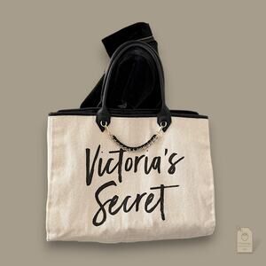Victoria's Secret Large Canvas Script Tote w/ Chain & Black Trim
